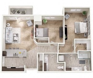 Floor plan for 2 beds, 1.5 baths, 1000 sqft